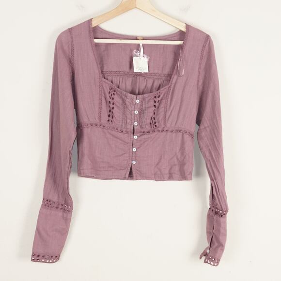 Free People Tops - New Free People Joi Blouse Pink Roan Rouge Long Sleeve Crop Top Womens Sz XS